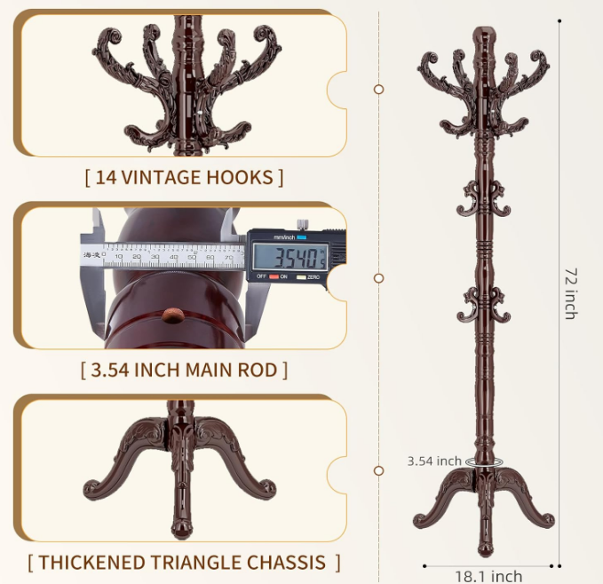 Classic Coat Rack Stand, Solid Wood Coat Rack Freestanding with 14 Hooks, Vintage Coat Racks with Sturdy Triangle Base, Natural Birch Wood Coat Tree Stand for Entryway Hallway