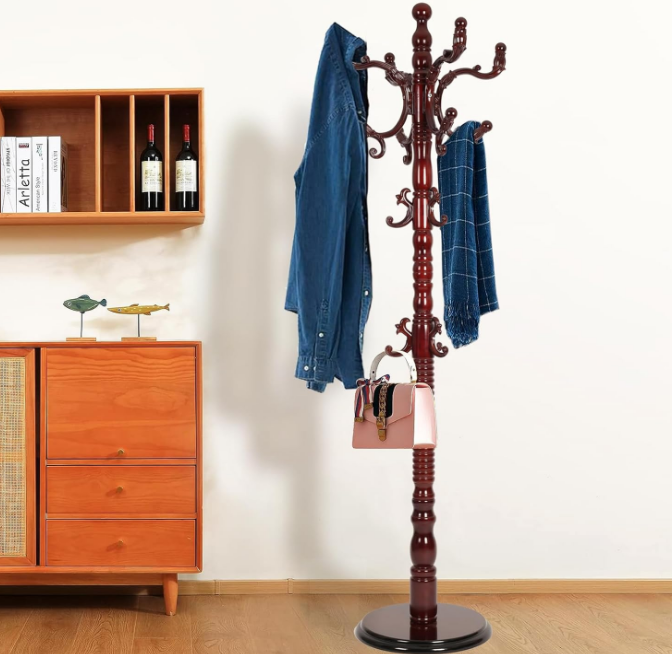 Heavy Coat Rack Freestanding, Natural Wood Hall Tree, Adjustable Height 73in and Versatile 14 Hooks for Entryway, Porch, Living Room, Bedroom, Home Office (Rosewood)