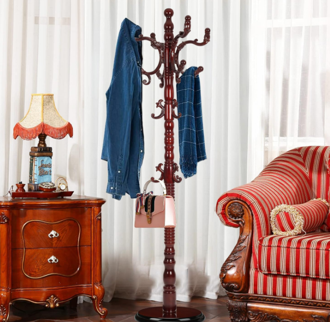 Heavy Coat Rack Freestanding, Natural Wood Hall Tree, Adjustable Height 73in and Versatile 14 Hooks for Entryway, Porch, Living Room, Bedroom, Home Office (Rosewood)
