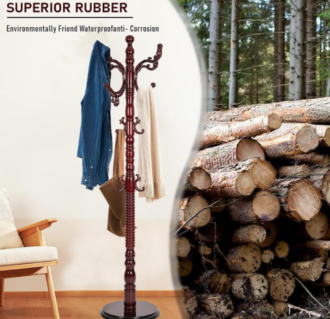 Heavy Coat Rack Freestanding, Natural Wood Hall Tree, Adjustable Height 73in and Versatile 14 Hooks for Entryway, Porch, Living Room, Bedroom, Home Office (Rosewood)