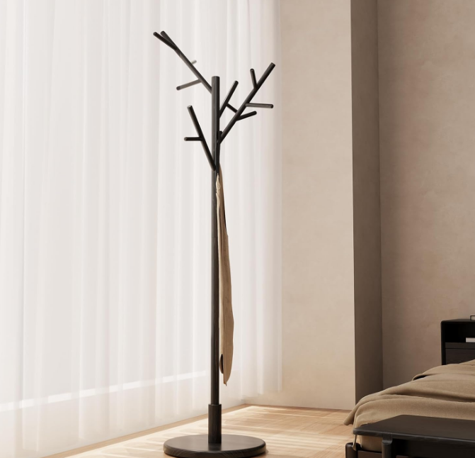 Coat Rack,Solid Wood Coat Rack Freestanding with 12 Hooks,Tree-Shaped Coat Rack 3 Adjustable Heights,Coat Tree for Clothes, Hats, Handbags, Coat Rack Stand for Entryway,Bedroom (Black)