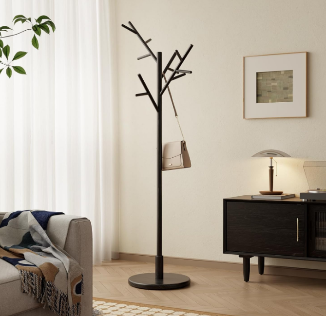 Coat Rack,Solid Wood Coat Rack Freestanding with 12 Hooks,Tree-Shaped Coat Rack 3 Adjustable Heights,Coat Tree for Clothes, Hats, Handbags, Coat Rack Stand for Entryway,Bedroom (Black)