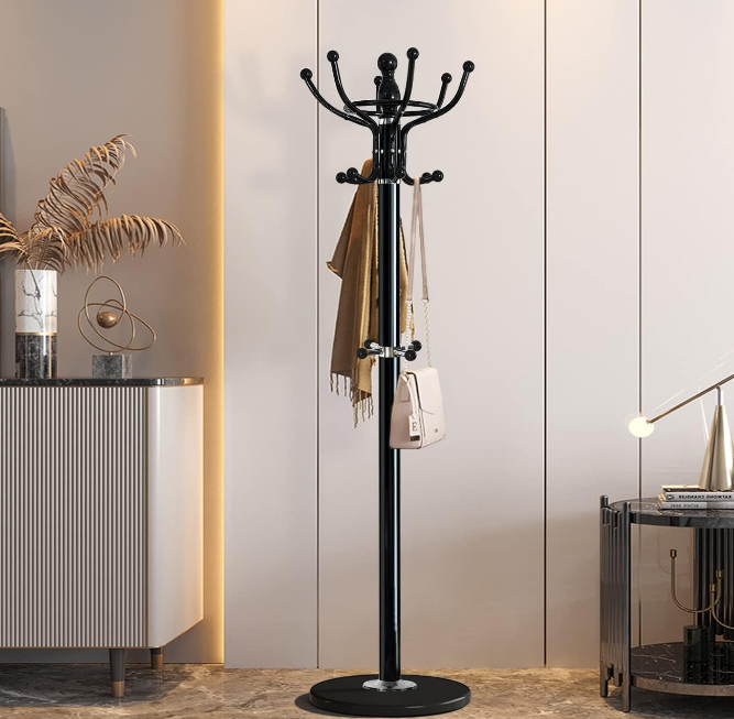 Metal Coat Rack Freestanding 16 Hooks, Entry-way Coat Racks Stand with Natural Marble Base Hall Tree, Easy Assembly for Coat Tree Hats Hanger Holder for Purse, Scarf Rack, Jacket (Black)