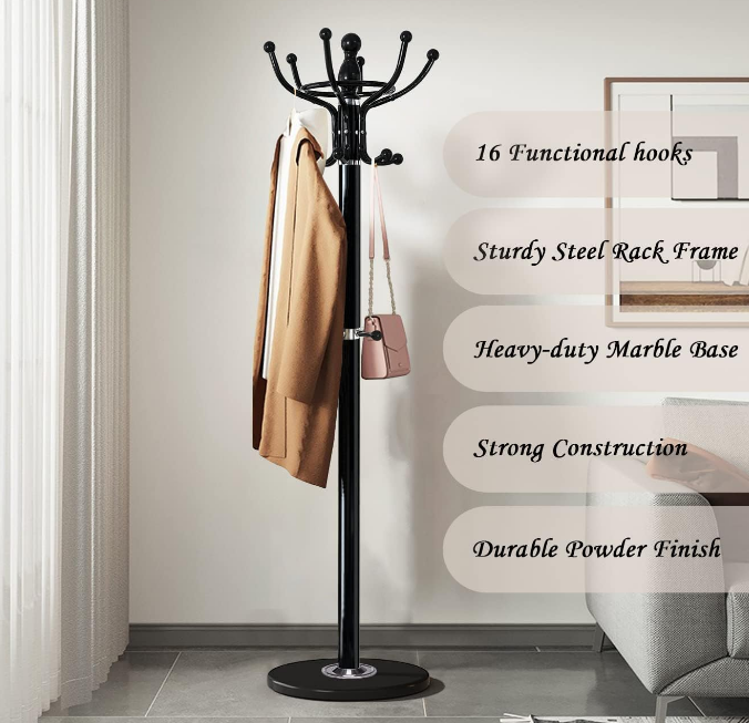 Metal Coat Rack Freestanding 16 Hooks, Entry-way Coat Racks Stand with Natural Marble Base Hall Tree, Easy Assembly for Coat Tree Hats Hanger Holder for Purse, Scarf Rack, Jacket (Black)