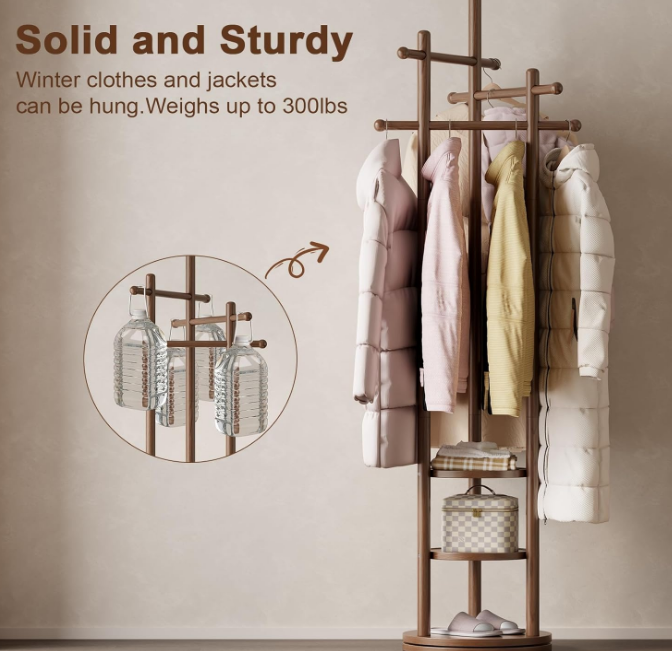 Coat Rack, Solid Wood Rotating Coat Rack Freestanding With 3 Crossbars, Coat Tree Easy To Assemble, Coat Stand For Entryway, Office, Office, Suits, Coats, Bags(Walnut)