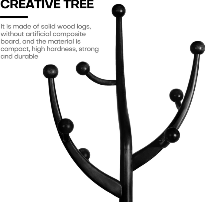 Heavy Duty Coat Rack Freestanding Wood Tree Rack with 8 Hooks, Unique Design Tree Branch-look, Premium Coat Tree Clothes Hanger Stand with Sphere Base for Entryway, Hallway, Bedroom-Load 160lbs Black