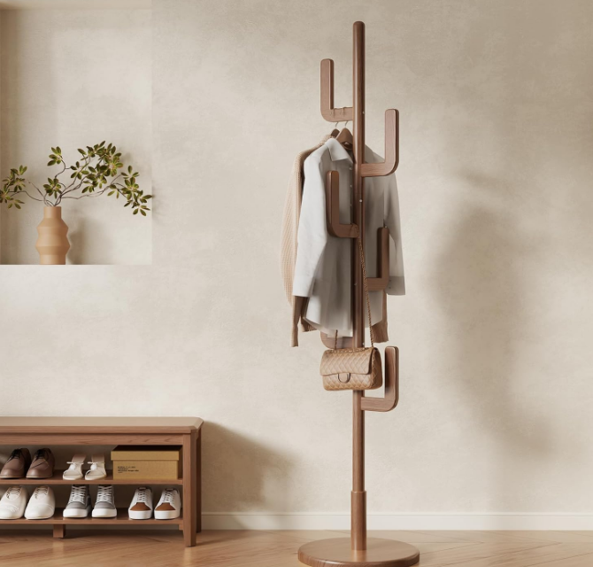 Coat Rack, Solid Wood Cactus Coat Rack Stand, Freestanding Coat Rack with 6 L-shaped Hooks and 3 Adjustable Sizes, Sturdy and Easy to Assemble Coat Tree for Entryway, Bedroom (Walnut)