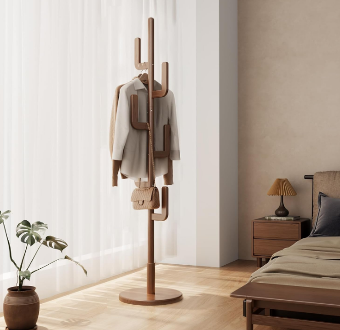 Coat Rack, Solid Wood Cactus Coat Rack Stand, Freestanding Coat Rack with 6 L-shaped Hooks and 3 Adjustable Sizes, Sturdy and Easy to Assemble Coat Tree for Entryway, Bedroom (Walnut)