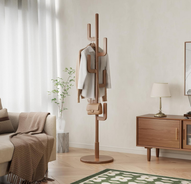 Coat Rack, Solid Wood Cactus Coat Rack Stand, Freestanding Coat Rack with 6 L-shaped Hooks and 3 Adjustable Sizes, Sturdy and Easy to Assemble Coat Tree for Entryway, Bedroom (Walnut)