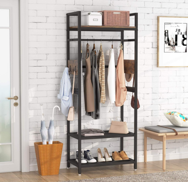 Small Heavy Duty Clothes Rack with Shelf and Hanging Rod, Freestanding Closet Organizer, Industrial Hall Tree Garments Rack for Small Space,Bedroom,27'' W X69'' H, Max Load 300LBS