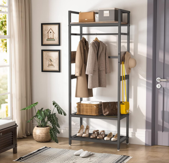 Small Heavy Duty Clothes Rack with Shelf and Hanging Rod, Freestanding Closet Organizer, Industrial Hall Tree Garments Rack for Small Space,Bedroom,27'' W X69'' H, Max Load 300LBS