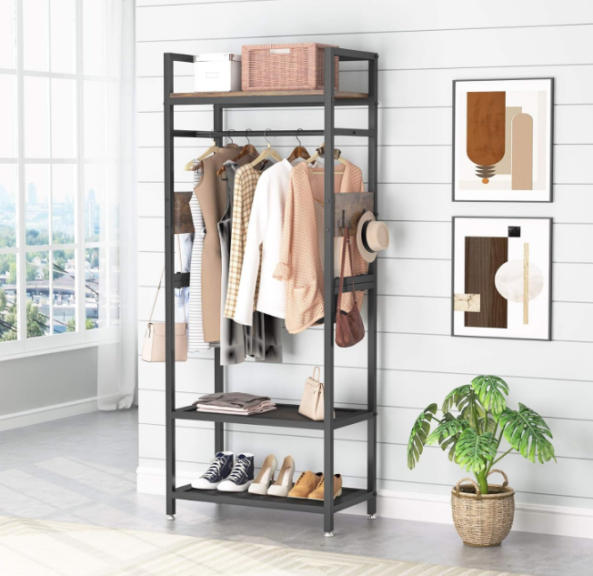 Small Heavy Duty Clothes Rack with Shelf and Hanging Rod, Freestanding Closet Organizer, Industrial Hall Tree Garments Rack for Small Space,Bedroom,27'' W X69'' H, Max Load 300LBS