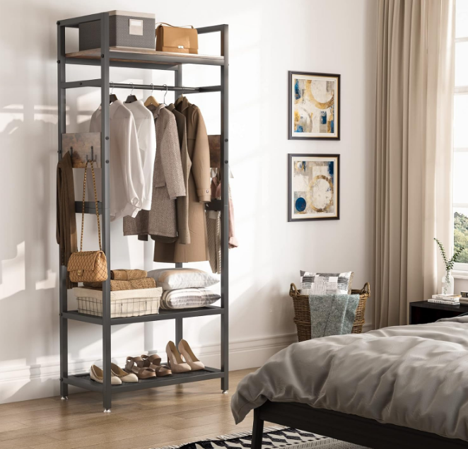 Small Heavy Duty Clothes Rack with Shelf and Hanging Rod, Freestanding Closet Organizer, Industrial Hall Tree Garments Rack for Small Space,Bedroom,27'' W X69'' H, Max Load 300LBS