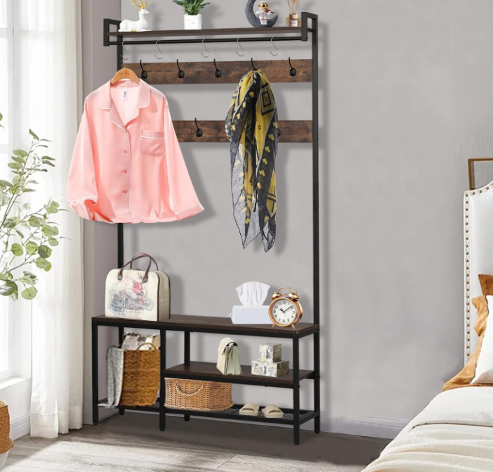 Coat Rack with Shoe Storage, 5 in 1 Entryway Furniture, Hall Tree with Bench and Shoe Storage, Coat Rack Freestanding with 14 Hooks and a Hanging Rod
