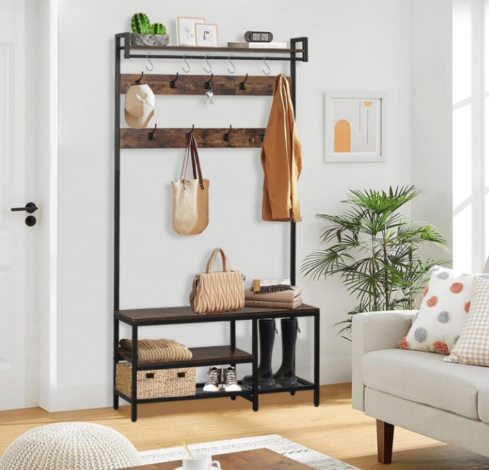 Coat Rack with Shoe Storage, 5 in 1 Entryway Furniture, Hall Tree with Bench and Shoe Storage, Coat Rack Freestanding with 14 Hooks and a Hanging Rod