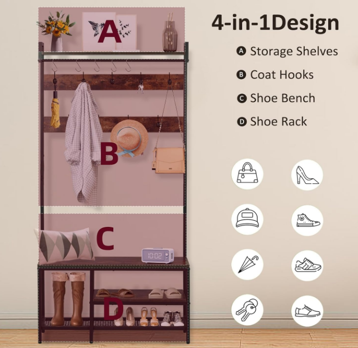 Coat Rack with Shoe Storage, 5 in 1 Entryway Furniture, Hall Tree with Bench and Shoe Storage, Coat Rack Freestanding with 14 Hooks and a Hanging Rod