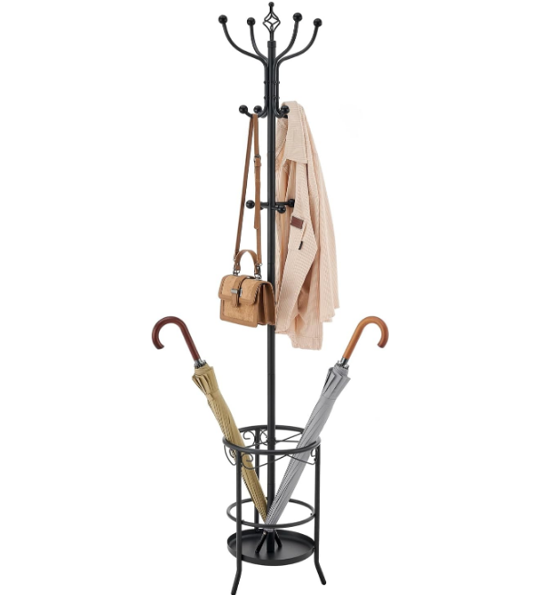 Coat Rack Stand with Umbrella Holder, Free standing Coat Hanger Stand with Umbrella Stand, Entryway Coat Rack to Hold Clothes Hats Bags,Coat Stand with 12 Hooks, for Living Room Bedroom Office
