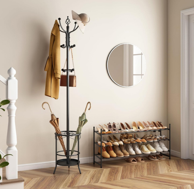 Coat Rack Stand with Umbrella Holder, Free standing Coat Hanger Stand with Umbrella Stand, Entryway Coat Rack to Hold Clothes Hats Bags,Coat Stand with 12 Hooks, for Living Room Bedroom Office