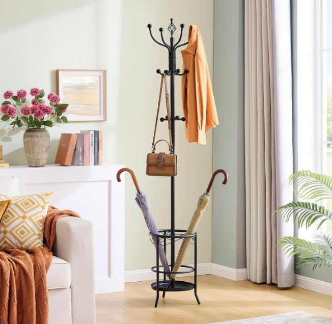 Coat Rack Stand with Umbrella Holder, Free standing Coat Hanger Stand with Umbrella Stand, Entryway Coat Rack to Hold Clothes Hats Bags,Coat Stand with 12 Hooks, for Living Room Bedroom Office