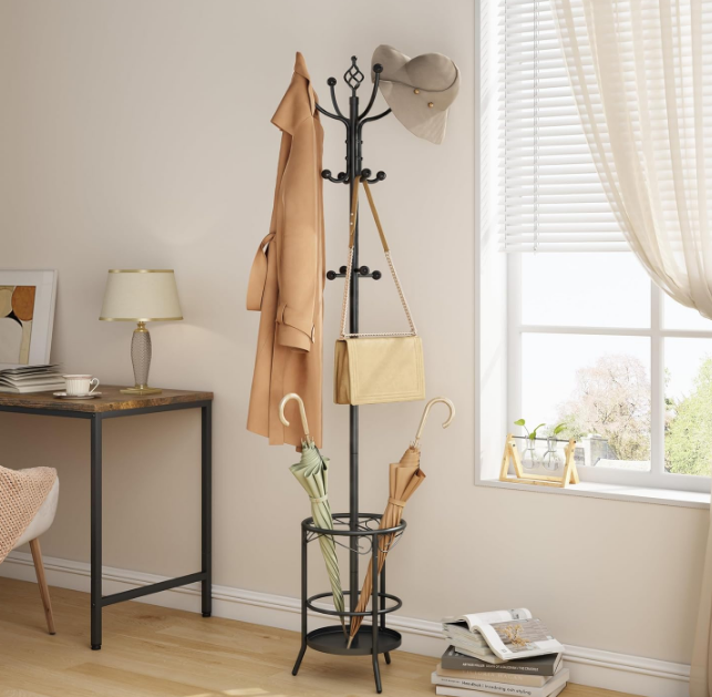 Coat Rack Stand with Umbrella Holder, Free standing Coat Hanger Stand with Umbrella Stand, Entryway Coat Rack to Hold Clothes Hats Bags,Coat Stand with 12 Hooks, for Living Room Bedroom Office