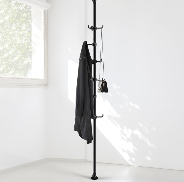 Coat Rack Freestanding, 56 to 125 inch Adjustable Tension Rod Coat Hanger with 12 Hooks for Hanging Coat, Jacket, Hat, Scarf, Suitable for Living Room, Balcony, Kitchen Black