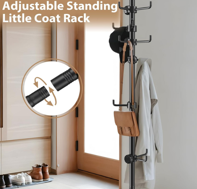 Coat Rack Freestanding, 56 to 125 inch Adjustable Tension Rod Coat Hanger with 12 Hooks for Hanging Coat, Jacket, Hat, Scarf, Suitable for Living Room, Balcony, Kitchen Black