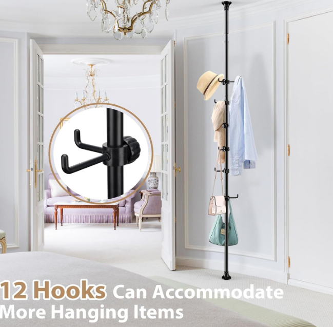 Coat Rack Freestanding, 56 to 125 inch Adjustable Tension Rod Coat Hanger with 12 Hooks for Hanging Coat, Jacket, Hat, Scarf, Suitable for Living Room, Balcony, Kitchen Black