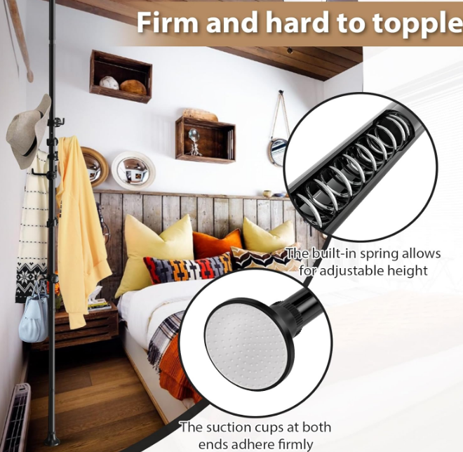 Coat Rack Freestanding, 56 to 125 inch Adjustable Tension Rod Coat Hanger with 12 Hooks for Hanging Coat, Jacket, Hat, Scarf, Suitable for Living Room, Balcony, Kitchen Black