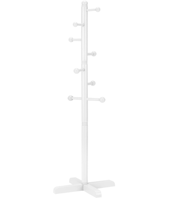 Cross Coat Rack Freestanding Clothing Hanger Home Racks, Wooden Coat Tree Stand with 8 Hooks 2 Adjustable Height, Easy Assembly in Entryway, Room for Hat, Umbrella etc (White)