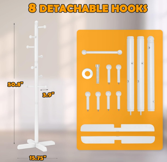 Cross Coat Rack Freestanding Clothing Hanger Home Racks, Wooden Coat Tree Stand with 8 Hooks 2 Adjustable Height, Easy Assembly in Entryway, Room for Hat, Umbrella etc (White)