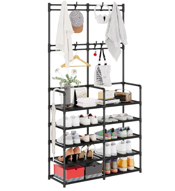 5-Tier Coat and Shoe Rack, Entryway Coat Rack with 8 Hooks, Double Row Shoes Organizer for Living Room, Bedroom, Office, Black