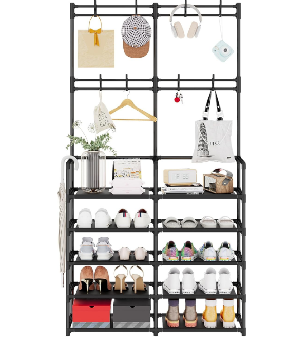 5-Tier Coat and Shoe Rack, Entryway Coat Rack with 8 Hooks, Double Row Shoes Organizer for Living Room, Bedroom, Office, Black