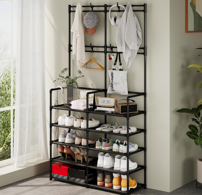 5-Tier Coat and Shoe Rack, Entryway Coat Rack with 8 Hooks, Double Row Shoes Organizer for Living Room, Bedroom, Office, Black