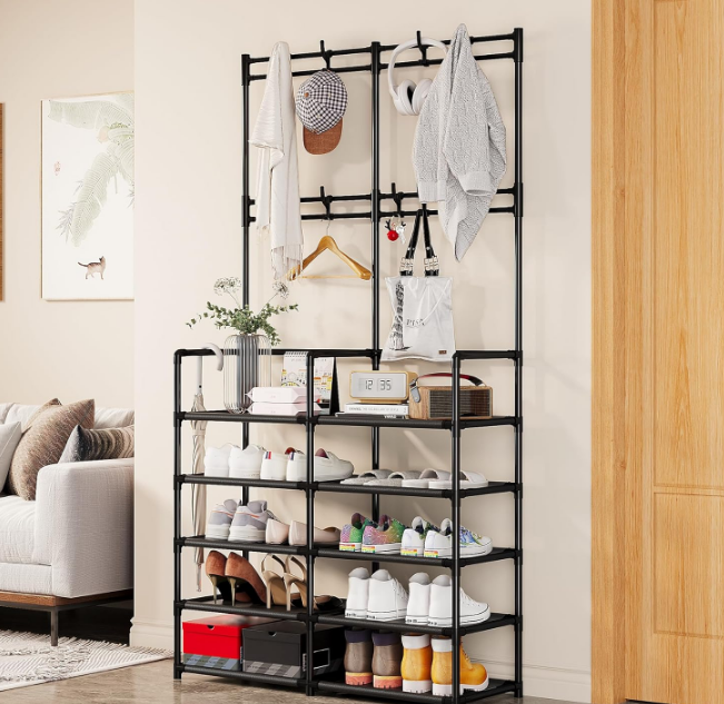 5-Tier Coat and Shoe Rack, Entryway Coat Rack with 8 Hooks, Double Row Shoes Organizer for Living Room, Bedroom, Office, Black
