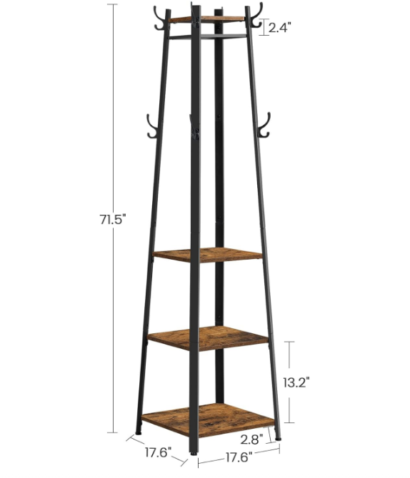 Coat Rack, Coat Stand with 3 Shelves, Hall Tree Free Standing with Hooks for Scarves, Bags, Umbrellas, Steel Frame, Industrial Style, for Entryway, Living Room, Rustic Brown and Black