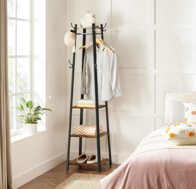 Coat Rack, Coat Stand with 3 Shelves, Hall Tree Free Standing with Hooks for Scarves, Bags, Umbrellas, Steel Frame, Industrial Style, for Entryway, Living Room, Rustic Brown and Black