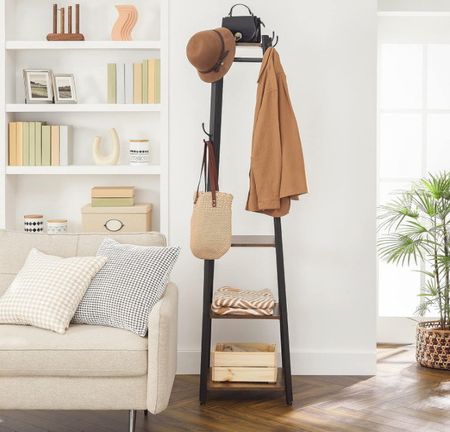 Coat Rack, Coat Stand with 3 Shelves, Hall Tree Free Standing with Hooks for Scarves, Bags, Umbrellas, Steel Frame, Industrial Style, for Entryway, Living Room, Rustic Brown and Black
