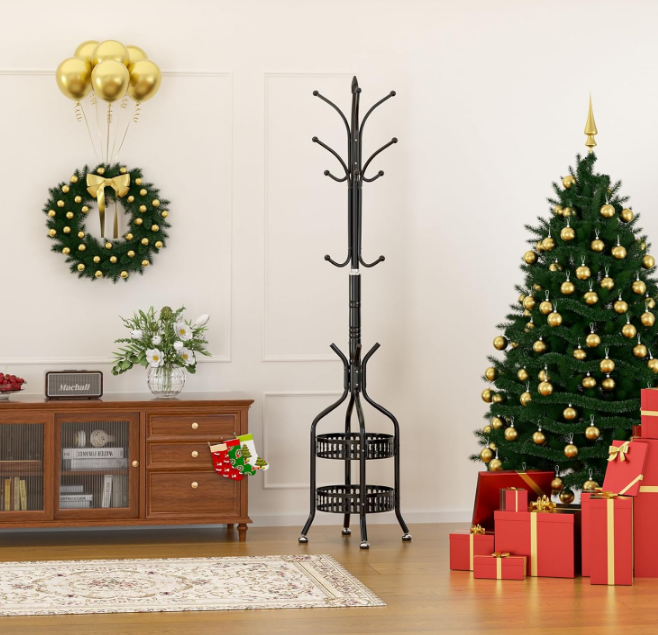 Modern Metal Coat Rack Stand with Double Layer Basket,Coat Rack Freestanding Hat Hall Tree with 12 Hooks For Hanging Scarf,Bag,Jacket,Hat Coat Hanger Stand for Home Entry-way,Bedroom,Office