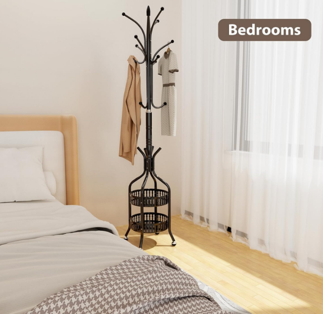 Modern Metal Coat Rack Stand with Double Layer Basket,Coat Rack Freestanding Hat Hall Tree with 12 Hooks For Hanging Scarf,Bag,Jacket,Hat Coat Hanger Stand for Home Entry-way,Bedroom,Office