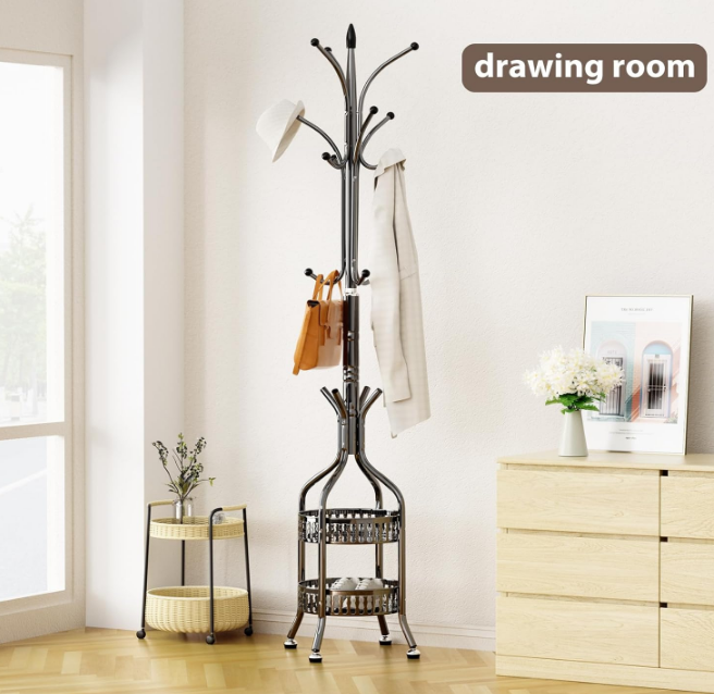 Modern Metal Coat Rack Stand with Double Layer Basket,Coat Rack Freestanding Hat Hall Tree with 12 Hooks For Hanging Scarf,Bag,Jacket,Hat Coat Hanger Stand for Home Entry-way,Bedroom,Office