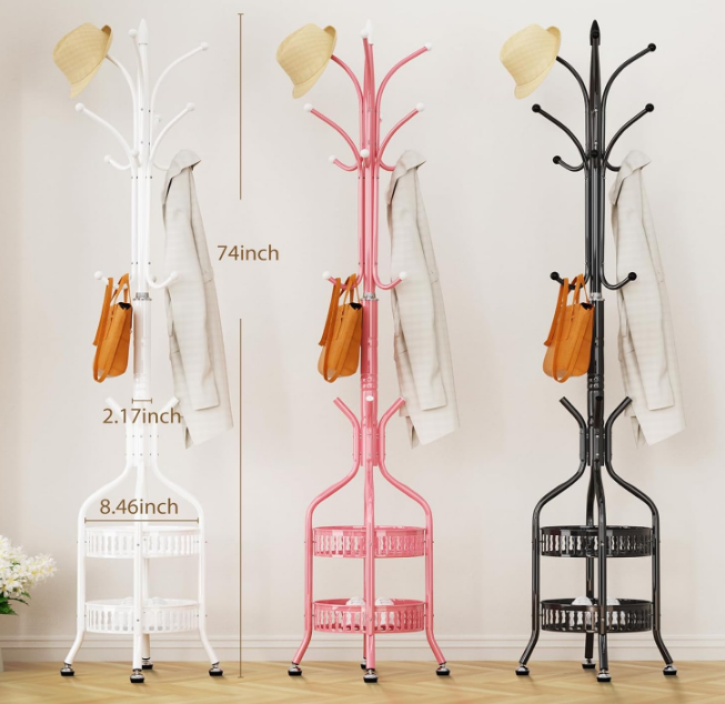 Modern Metal Coat Rack Stand with Double Layer Basket,Coat Rack Freestanding Hat Hall Tree with 12 Hooks For Hanging Scarf,Bag,Jacket,Hat Coat Hanger Stand for Home Entry-way,Bedroom,Office