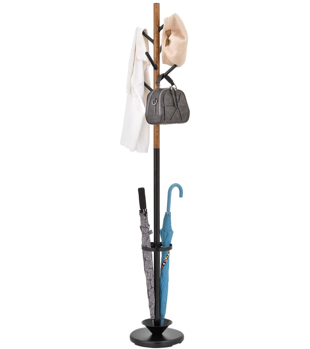 Freestanding Metal Entryway Coat Rack and Umbrella Stand with Sturdy Round Base and 6 Faux Wood Hanger Hooks