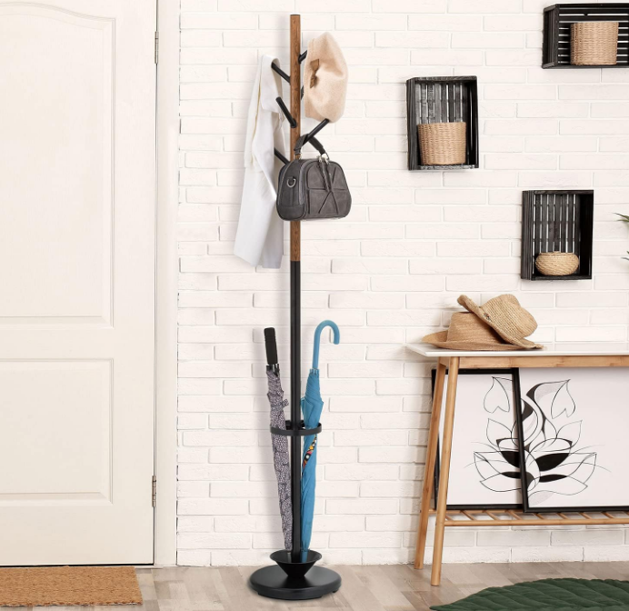 Freestanding Metal Entryway Coat Rack and Umbrella Stand with Sturdy Round Base and 6 Faux Wood Hanger Hooks