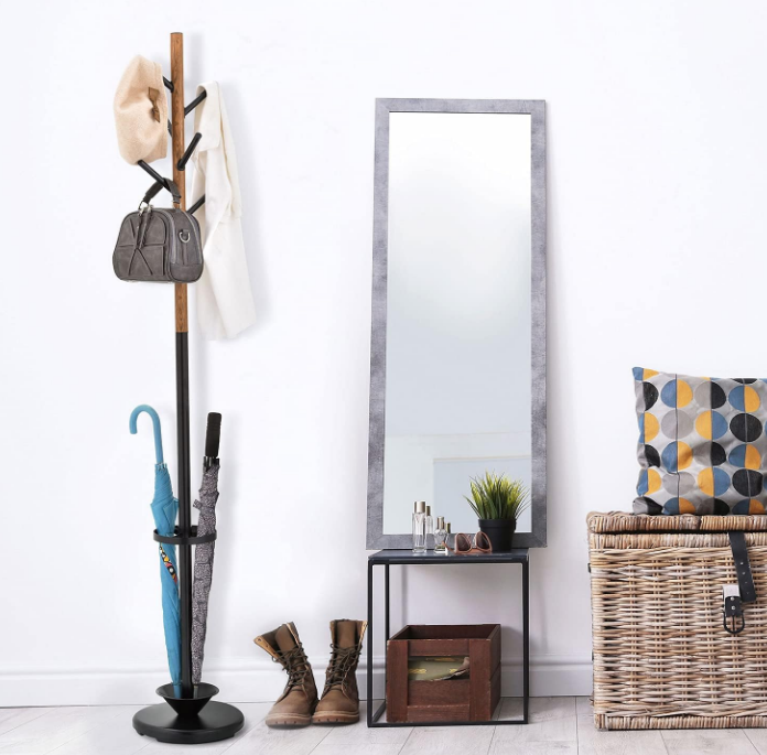 Freestanding Metal Entryway Coat Rack and Umbrella Stand with Sturdy Round Base and 6 Faux Wood Hanger Hooks