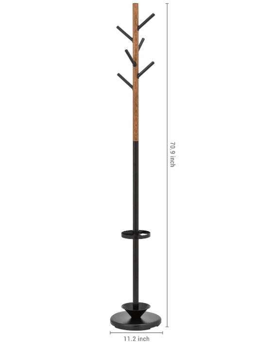 Freestanding Metal Entryway Coat Rack and Umbrella Stand with Sturdy Round Base and 6 Faux Wood Hanger Hooks