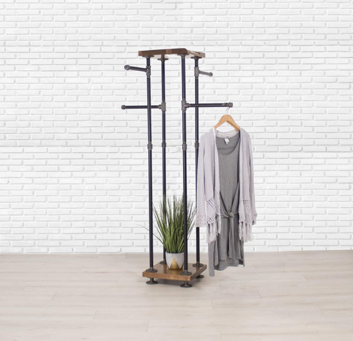 Industrial Pipe and Wood Clothes Rack 4-Way, Garment Rack, Clothing Rack, Closet Organizer, Clothing Storage and Display