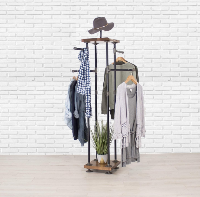 Industrial Pipe and Wood Clothes Rack 4-Way, Garment Rack, Clothing Rack, Closet Organizer, Clothing Storage and Display
