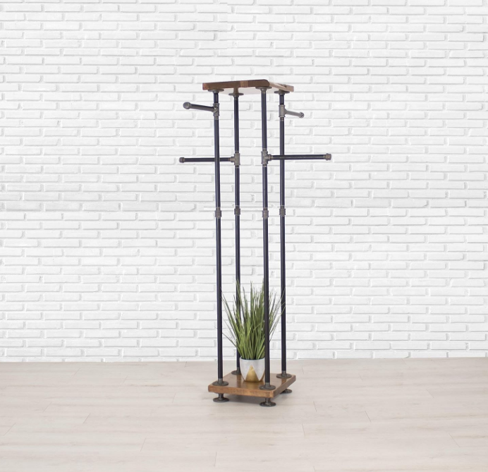 Industrial Pipe and Wood Clothes Rack 4-Way, Garment Rack, Clothing Rack, Closet Organizer, Clothing Storage and Display