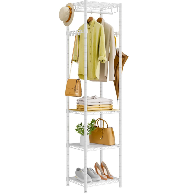 R1 Coat Rack Freestanding, Hall Tree with 4 Storage Shelves and 16 Hooks, Coat Rack Stand with Shelves, Small Clothes Rack Organizer for Entryway, Hallway, Bedroom, Office, White