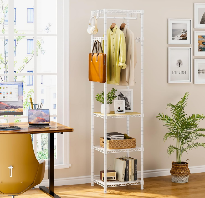 R1 Coat Rack Freestanding, Hall Tree with 4 Storage Shelves and 16 Hooks, Coat Rack Stand with Shelves, Small Clothes Rack Organizer for Entryway, Hallway, Bedroom, Office, White